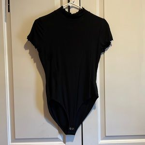 FOREVER21 Size L Black Bodysuit Ruffled Collar Turtle Neck